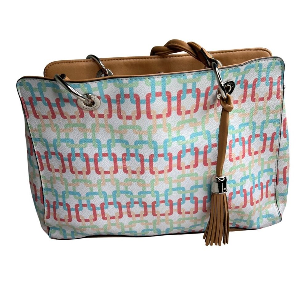 Rosetti Geometric Pattern Tote Bag With Braided Handles & Tassel Multicolor